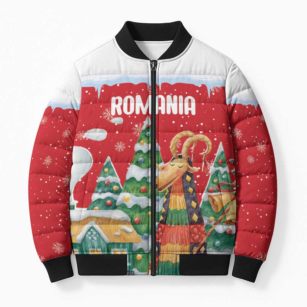 Romania Christmas Personalized Bomber Puffer Jacket Romanian Folklore Capra Goat - Wonder Print Shop