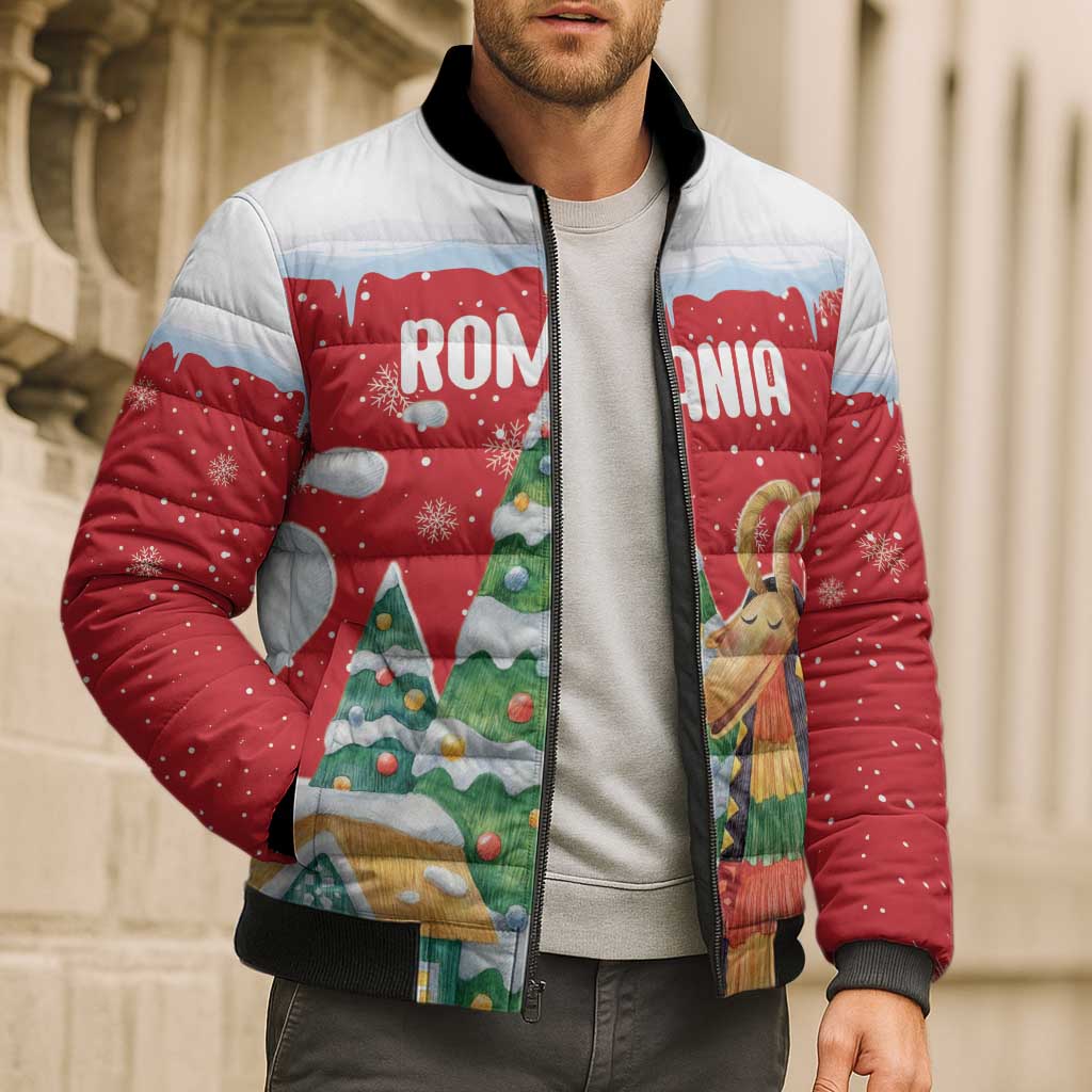 Romania Christmas Personalized Bomber Puffer Jacket Romanian Folklore Capra Goat - Wonder Print Shop