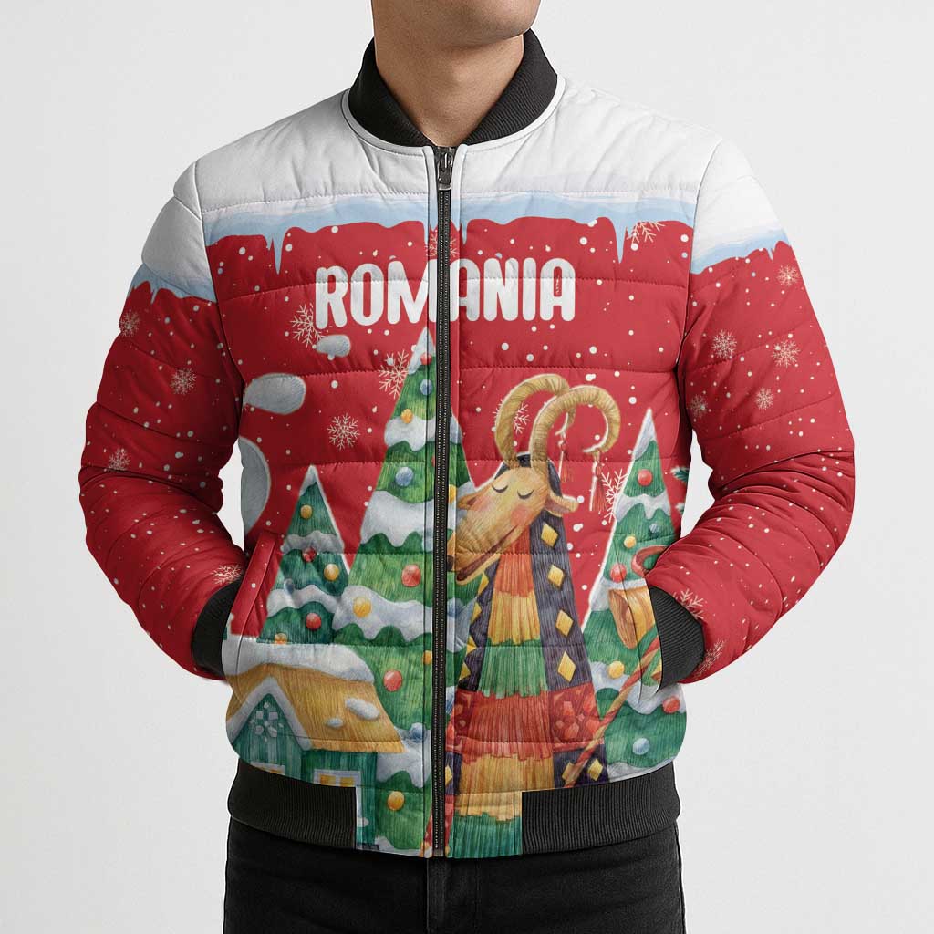 Romania Christmas Personalized Bomber Puffer Jacket Romanian Folklore Capra Goat - Wonder Print Shop