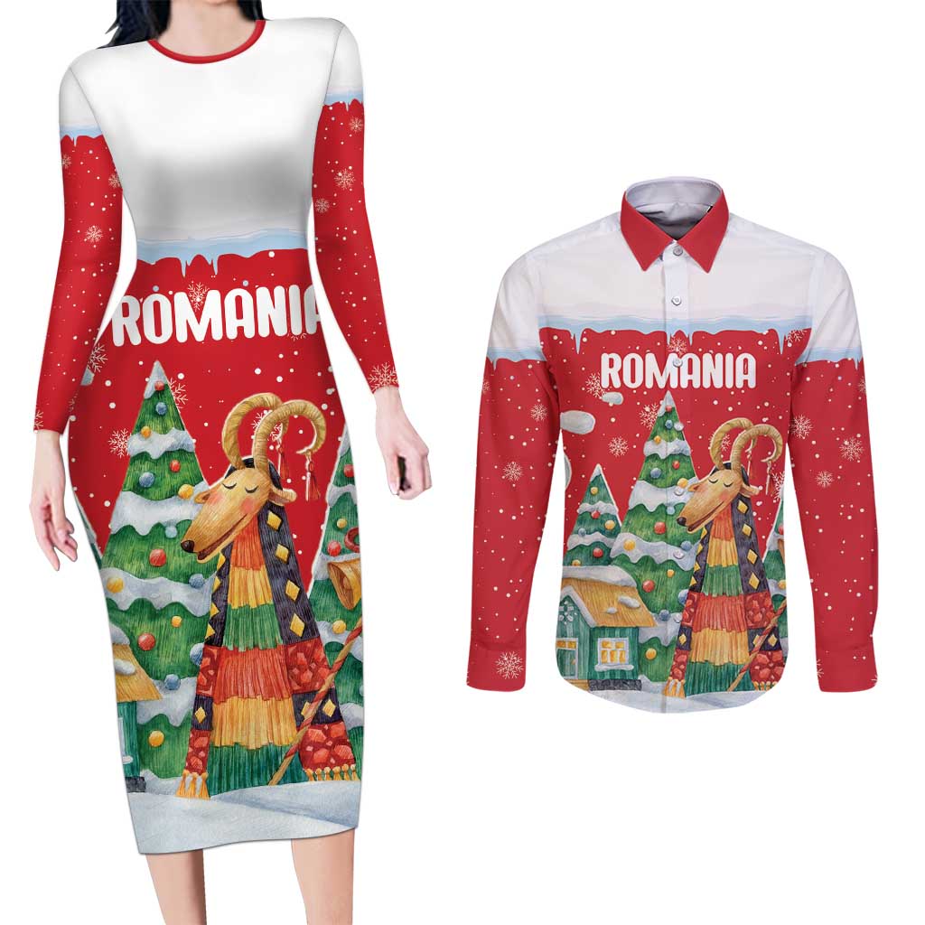Romania Christmas Personalized Couples Matching Long Sleeve Bodycon Dress and Long Sleeve Button Shirt Romanian Folklore Capra Goat - Wonder Print Shop
