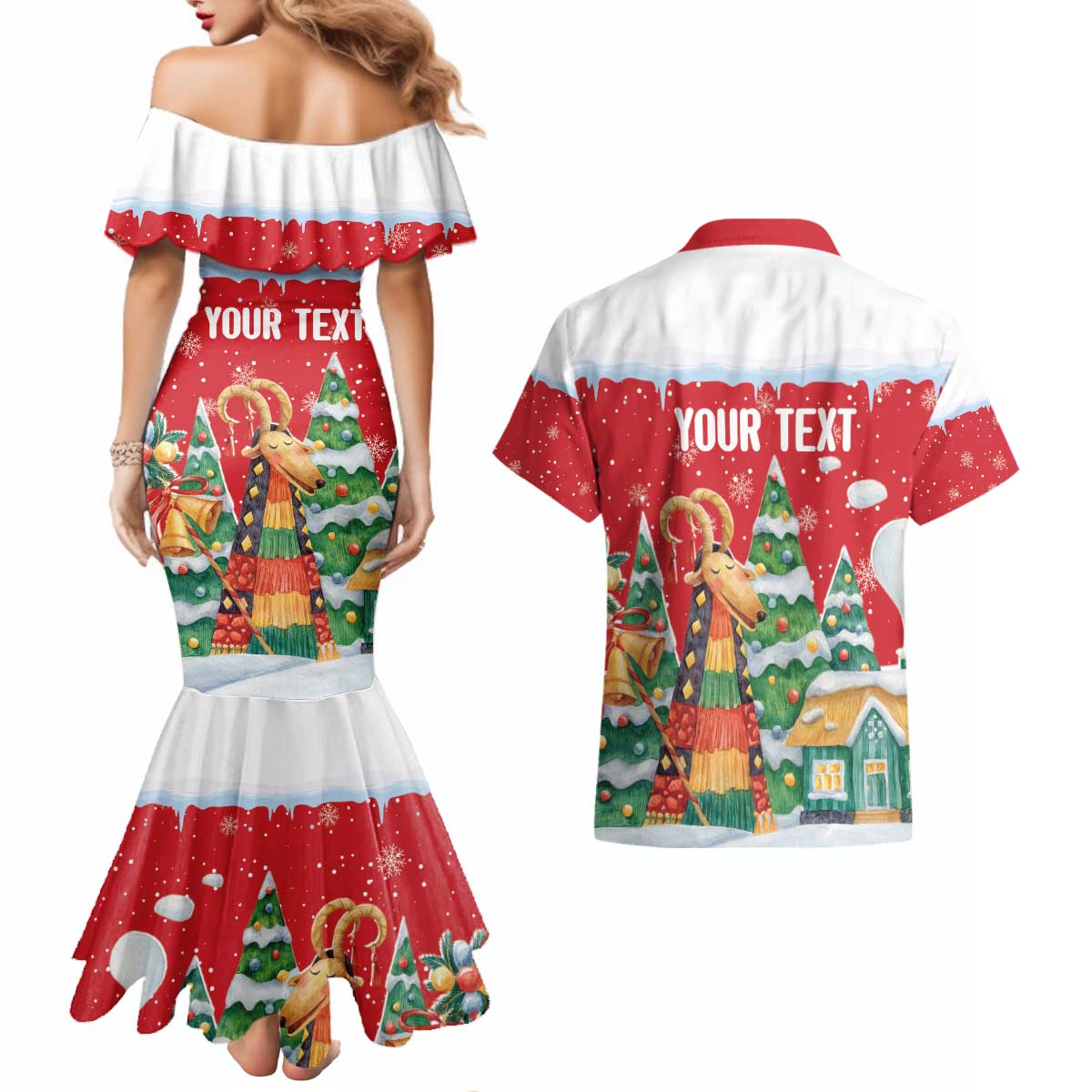 Romania Christmas Personalized Couples Matching Mermaid Dress and Hawaiian Shirt Romanian Folklore Capra Goat - Wonder Print Shop