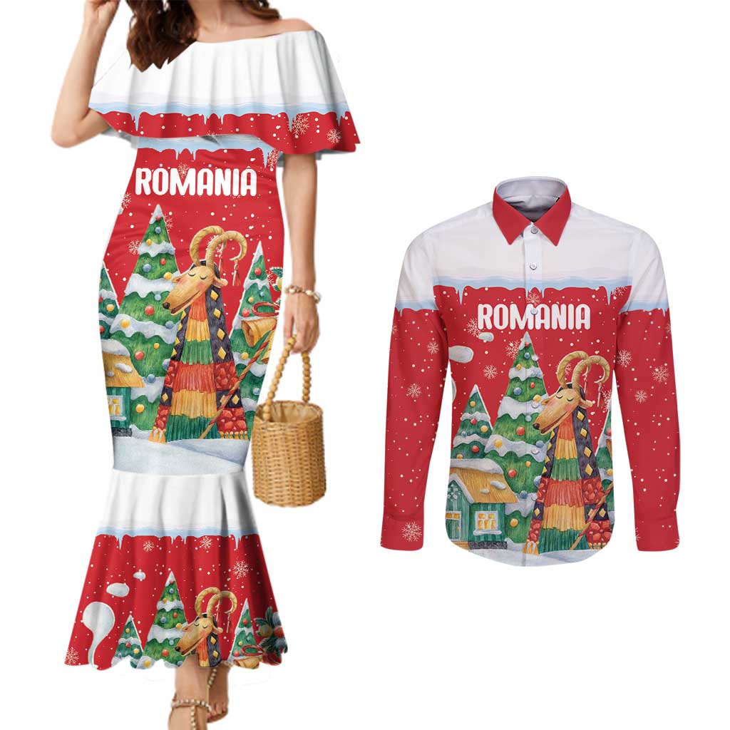 Romania Christmas Personalized Couples Matching Mermaid Dress and Long Sleeve Button Shirt Romanian Folklore Capra Goat - Wonder Print Shop