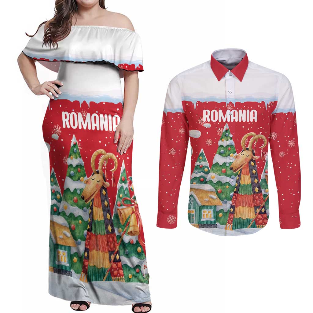 Romania Christmas Personalized Couples Matching Off Shoulder Maxi Dress and Long Sleeve Button Shirt Romanian Folklore Capra Goat - Wonder Print Shop