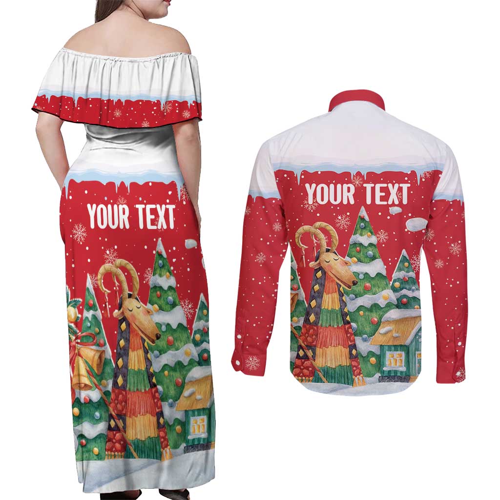 Romania Christmas Personalized Couples Matching Off Shoulder Maxi Dress and Long Sleeve Button Shirt Romanian Folklore Capra Goat - Wonder Print Shop