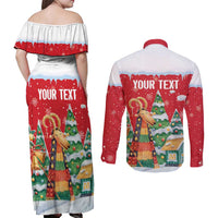 Romania Christmas Personalized Couples Matching Off Shoulder Maxi Dress and Long Sleeve Button Shirt Romanian Folklore Capra Goat - Wonder Print Shop
