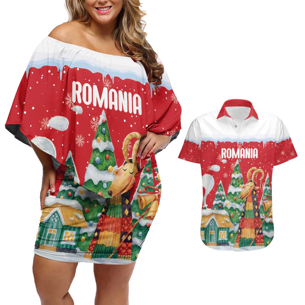Romania Christmas Personalized Couples Matching Off Shoulder Short Dress and Hawaiian Shirt Romanian Folklore Capra Goat - Wonder Print Shop