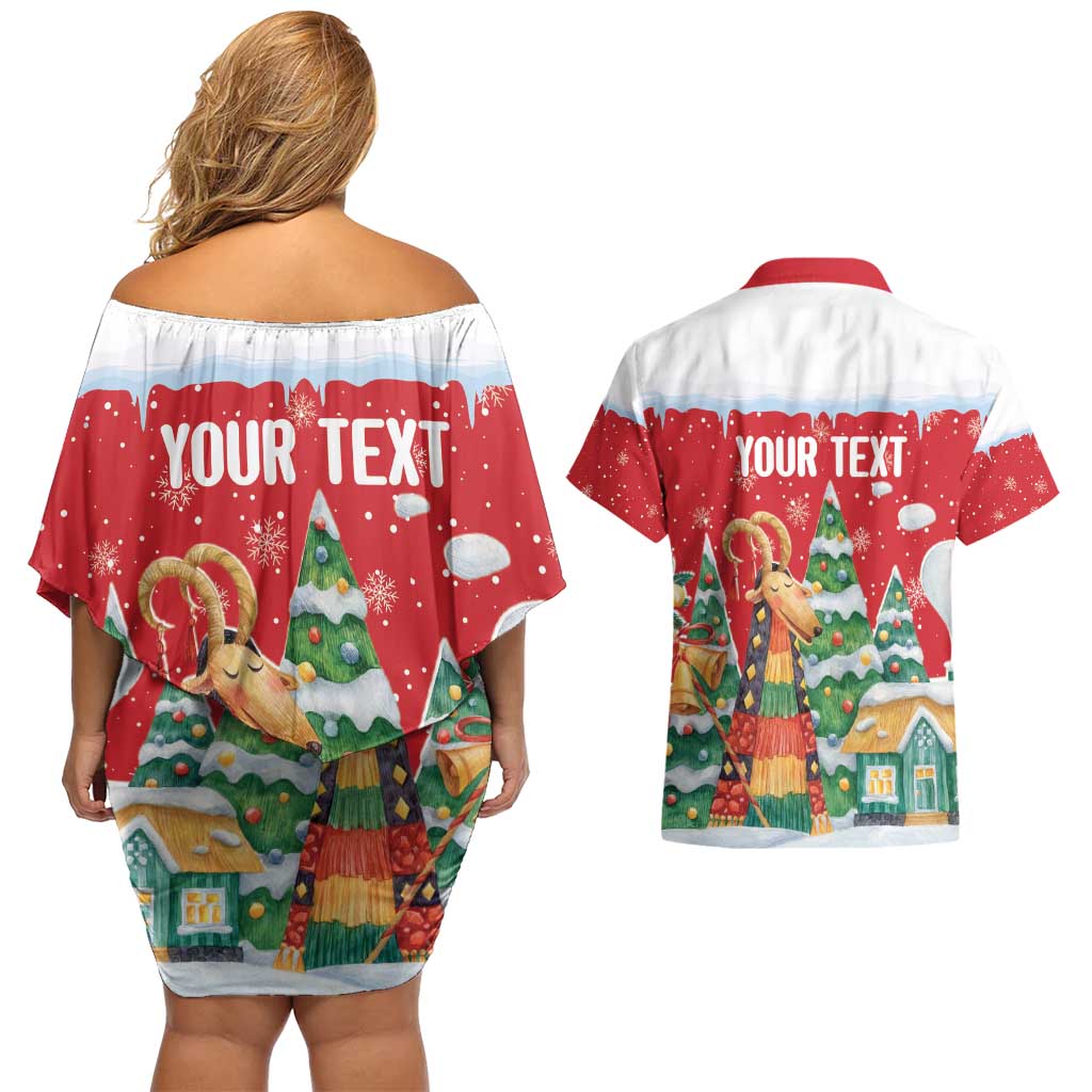 Romania Christmas Personalized Couples Matching Off Shoulder Short Dress and Hawaiian Shirt Romanian Folklore Capra Goat - Wonder Print Shop