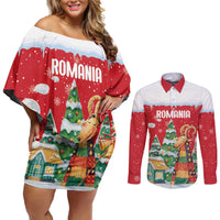 Romania Christmas Personalized Couples Matching Off Shoulder Short Dress and Long Sleeve Button Shirt Romanian Folklore Capra Goat - Wonder Print Shop
