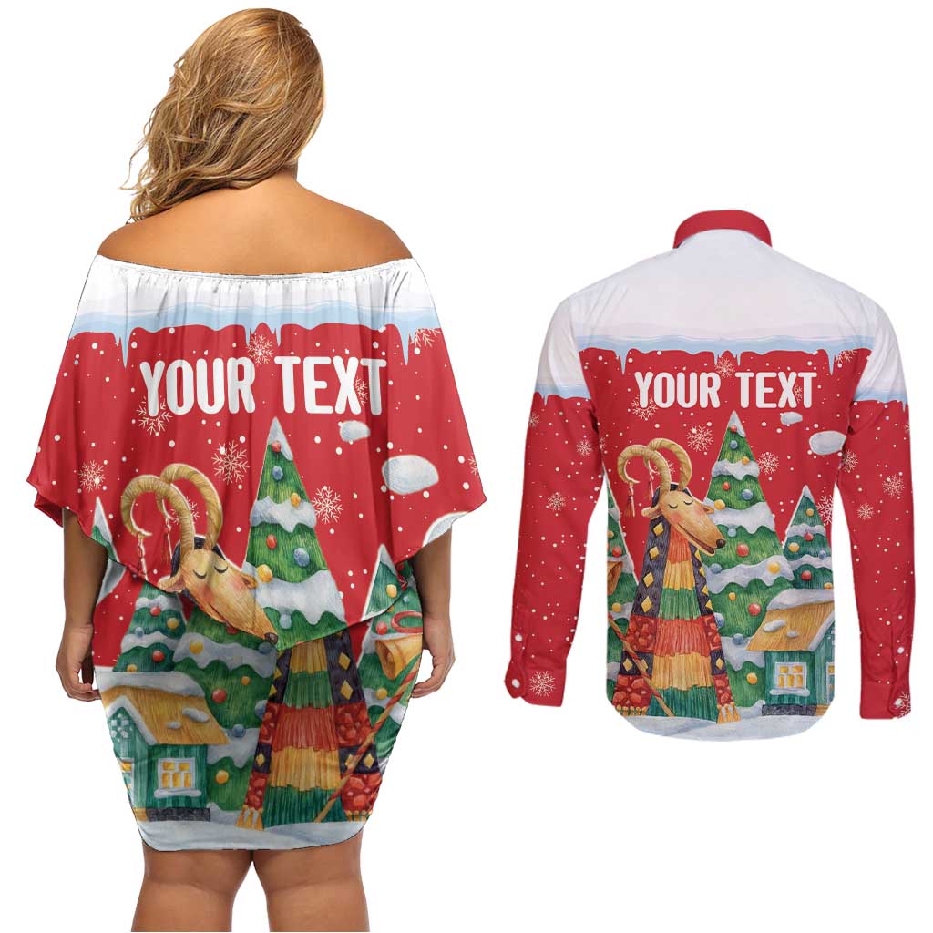 Romania Christmas Personalized Couples Matching Off Shoulder Short Dress and Long Sleeve Button Shirt Romanian Folklore Capra Goat - Wonder Print Shop