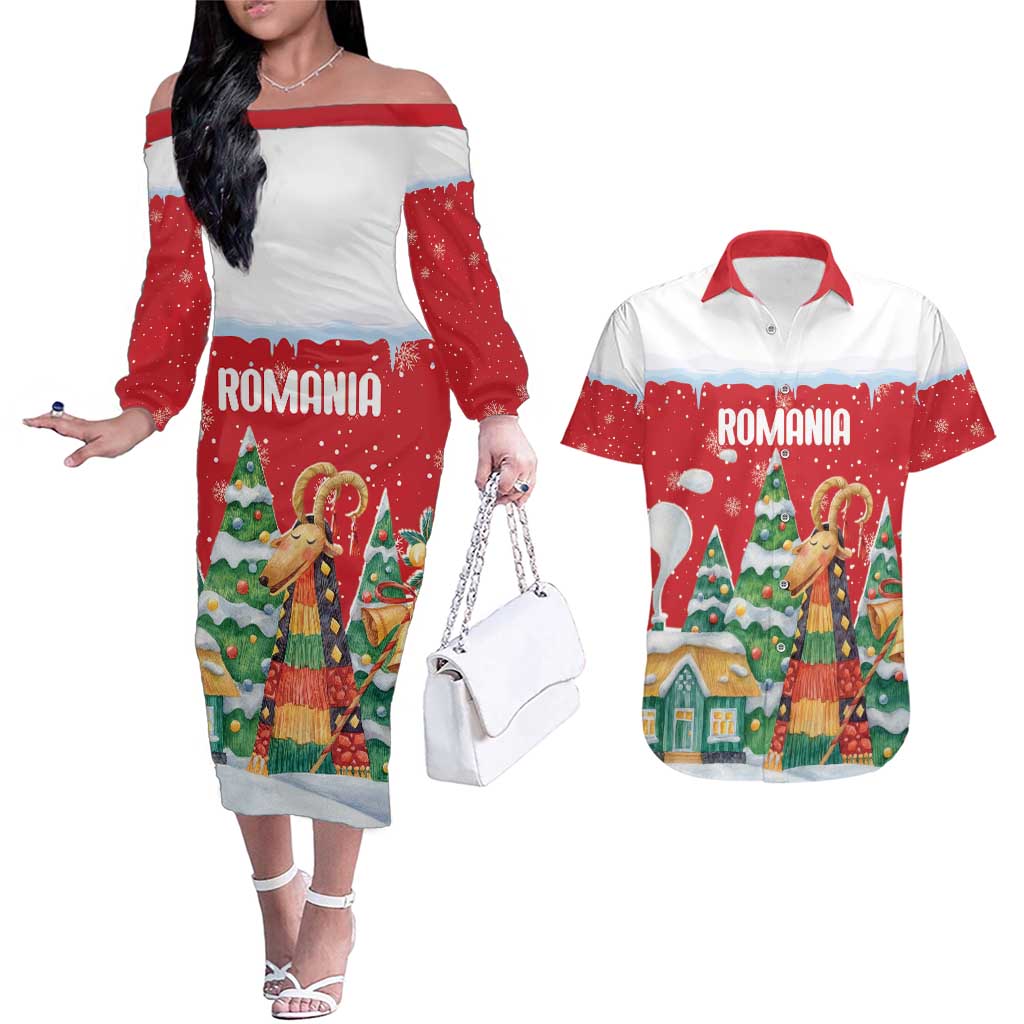 Romania Christmas Personalized Couples Matching Off The Shoulder Long Sleeve Dress and Hawaiian Shirt Romanian Folklore Capra Goat - Wonder Print Shop