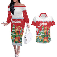 Romania Christmas Personalized Couples Matching Off The Shoulder Long Sleeve Dress and Hawaiian Shirt Romanian Folklore Capra Goat - Wonder Print Shop