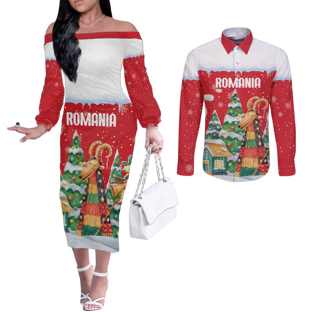 Romania Christmas Personalized Couples Matching Off The Shoulder Long Sleeve Dress and Long Sleeve Button Shirt Romanian Folklore Capra Goat - Wonder Print Shop