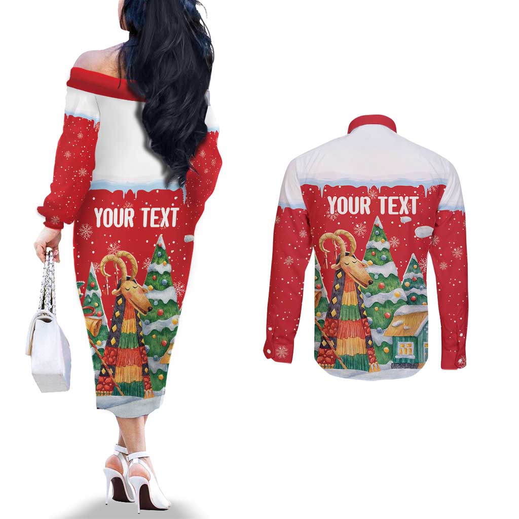 Romania Christmas Personalized Couples Matching Off The Shoulder Long Sleeve Dress and Long Sleeve Button Shirt Romanian Folklore Capra Goat - Wonder Print Shop