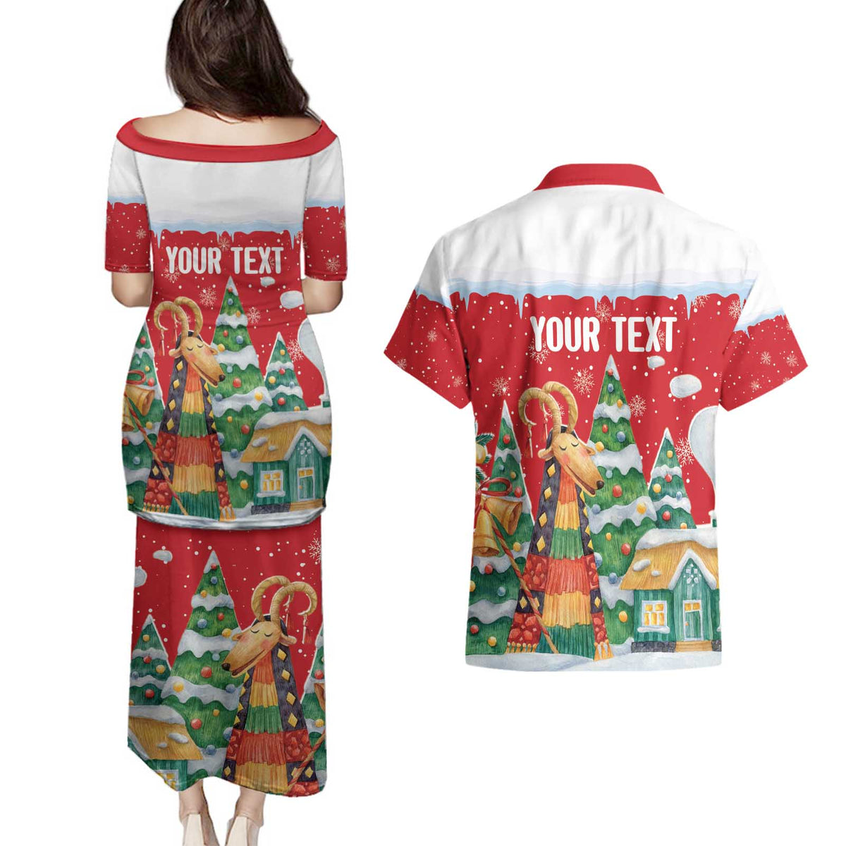 Romania Christmas Personalized Couples Matching Puletasi and Hawaiian Shirt Romanian Folklore Capra Goat - Wonder Print Shop
