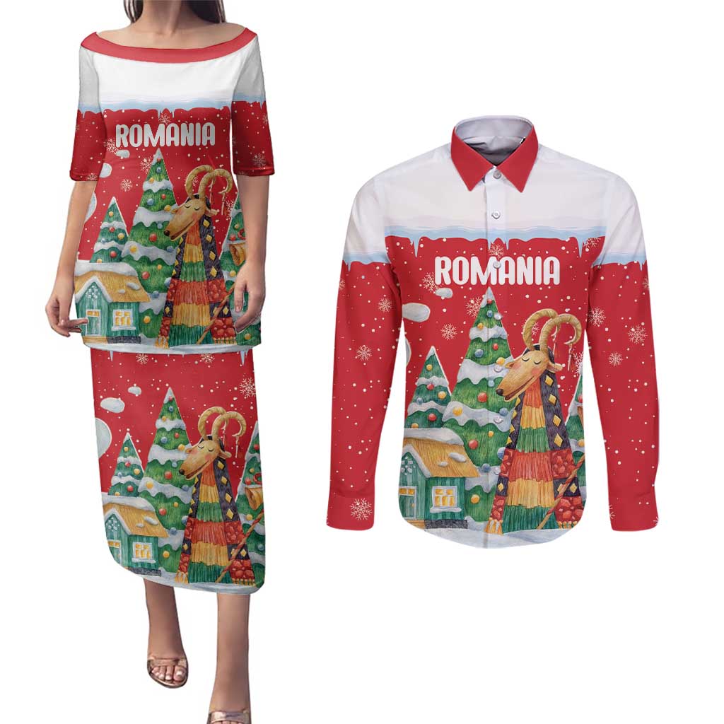 Romania Christmas Personalized Couples Matching Puletasi and Long Sleeve Button Shirt Romanian Folklore Capra Goat - Wonder Print Shop
