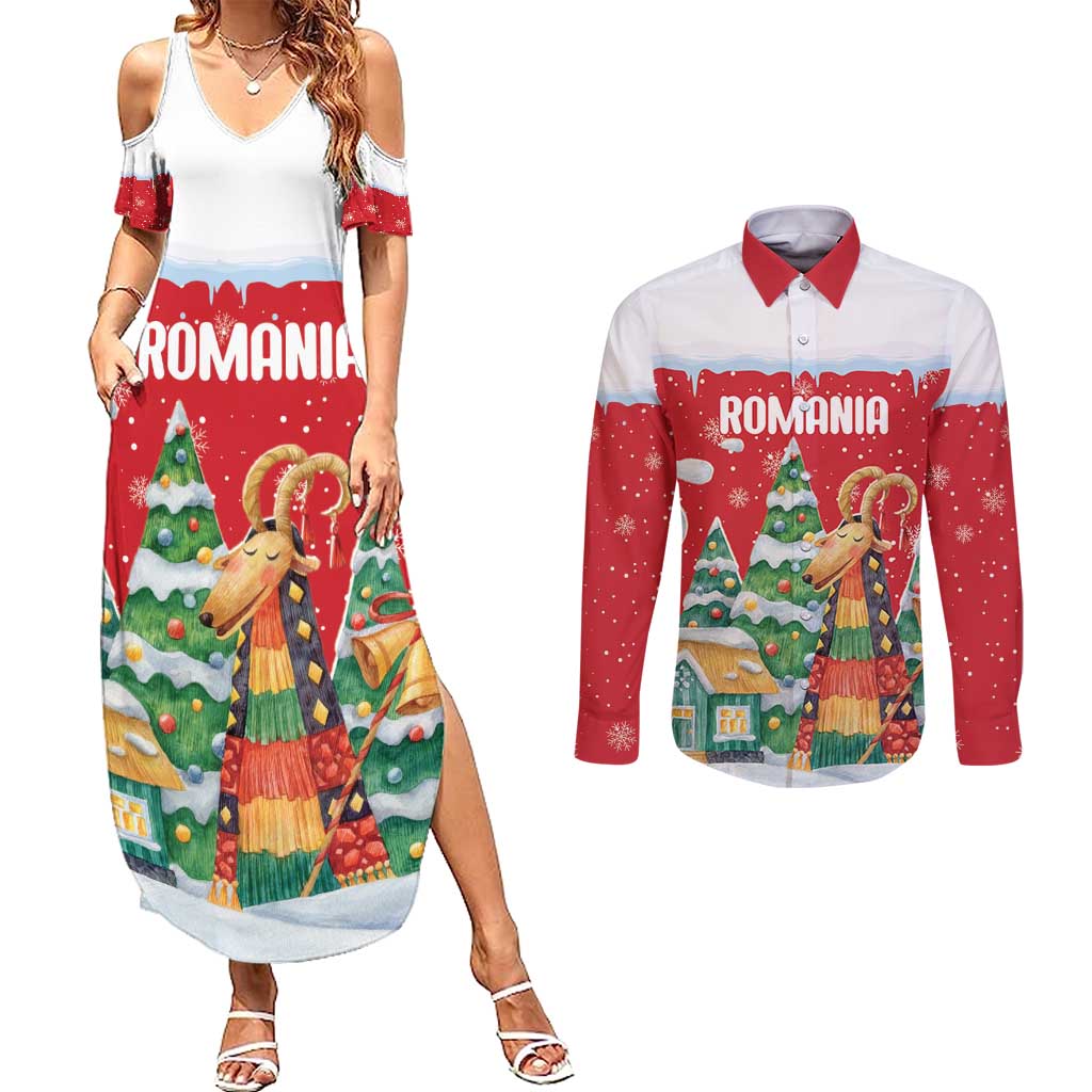 Romania Christmas Personalized Couples Matching Summer Maxi Dress and Long Sleeve Button Shirt Romanian Folklore Capra Goat - Wonder Print Shop