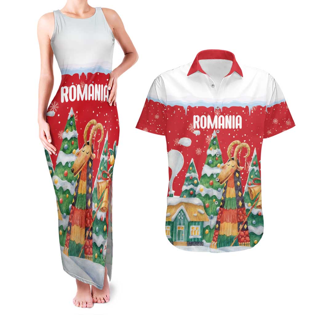 Romania Christmas Personalized Couples Matching Tank Maxi Dress and Hawaiian Shirt Romanian Folklore Capra Goat - Wonder Print Shop
