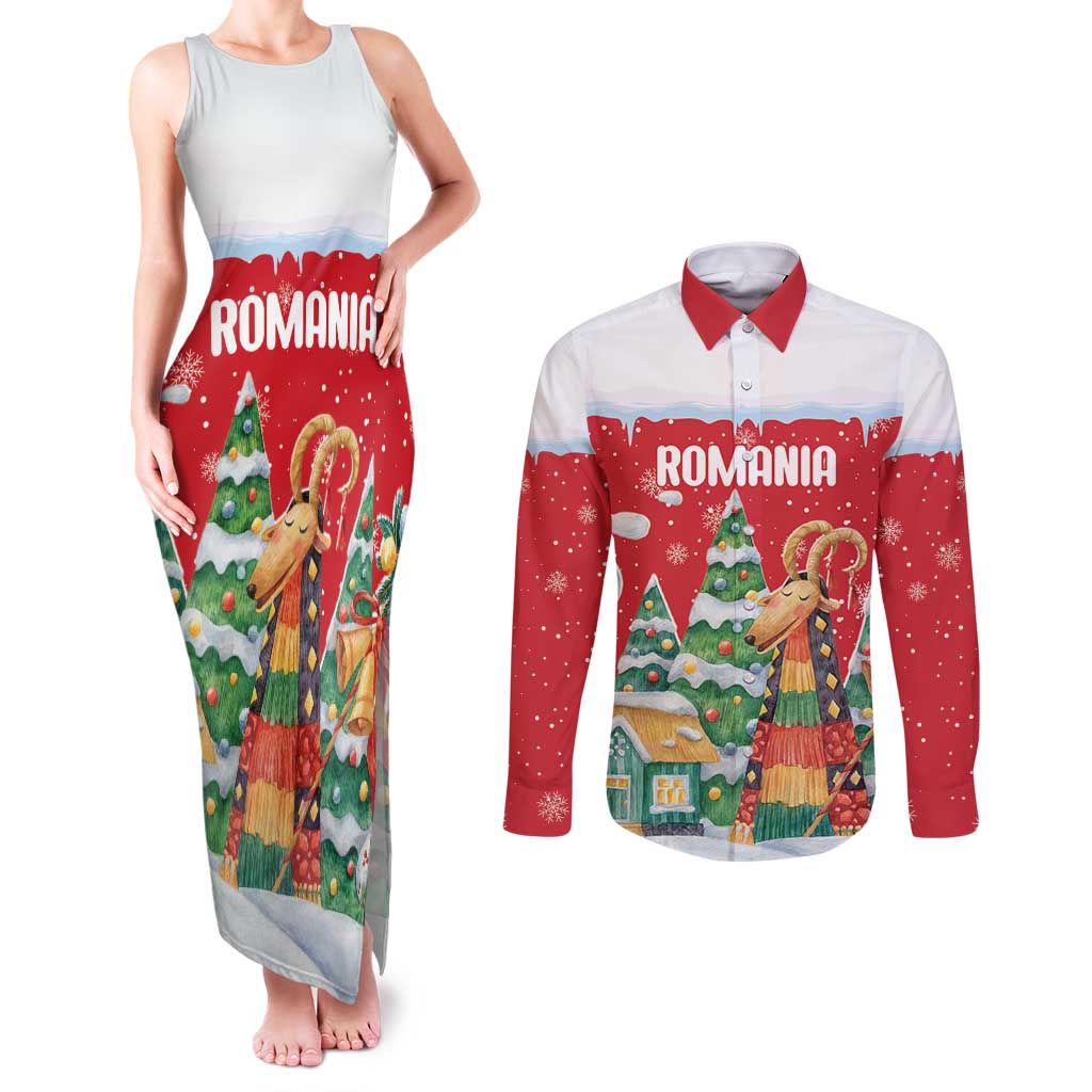 Romania Christmas Personalized Couples Matching Tank Maxi Dress and Long Sleeve Button Shirt Romanian Folklore Capra Goat - Wonder Print Shop