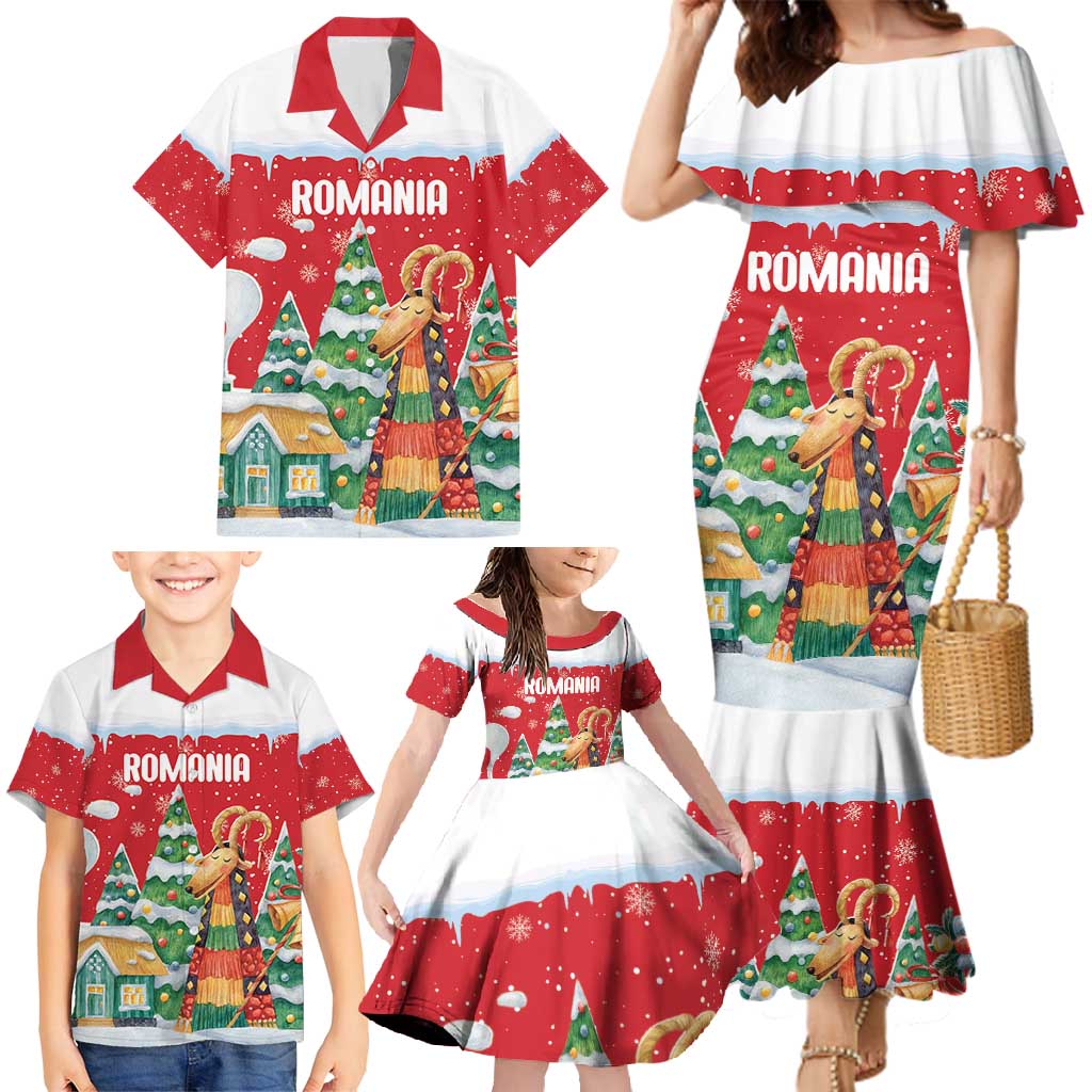 Romania Christmas Personalized Family Matching Mermaid Dress and Hawaiian Shirt Romanian Folklore Capra Goat - Wonder Print Shop