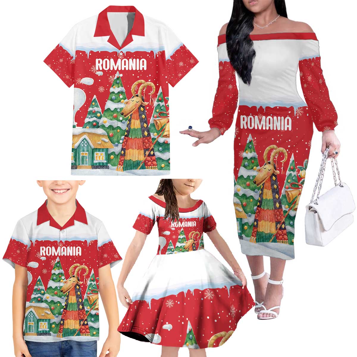 Romania Christmas Personalized Family Matching Off The Shoulder Long Sleeve Dress and Hawaiian Shirt Romanian Folklore Capra Goat - Wonder Print Shop
