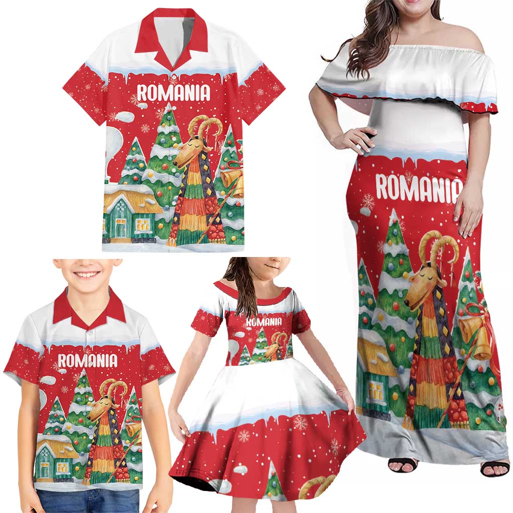 Romania Christmas Personalized Family Matching Off Shoulder Maxi Dress and Hawaiian Shirt Romanian Folklore Capra Goat - Wonder Print Shop