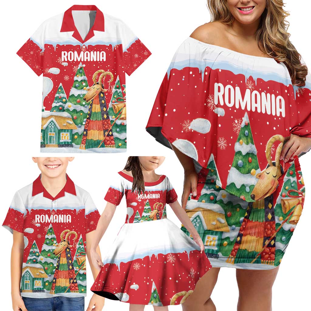 Romania Christmas Personalized Family Matching Off Shoulder Short Dress and Hawaiian Shirt Romanian Folklore Capra Goat - Wonder Print Shop