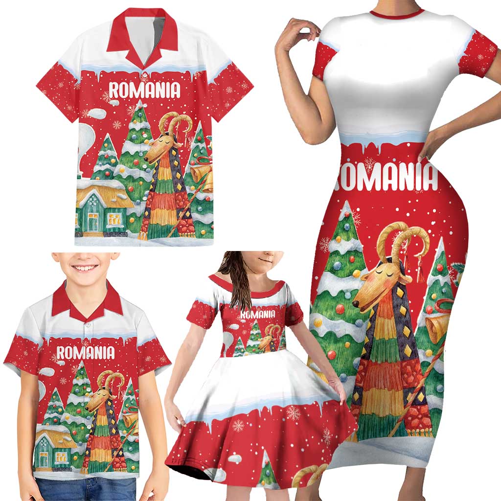 Romania Christmas Personalized Family Matching Short Sleeve Bodycon Dress and Hawaiian Shirt Romanian Folklore Capra Goat - Wonder Print Shop