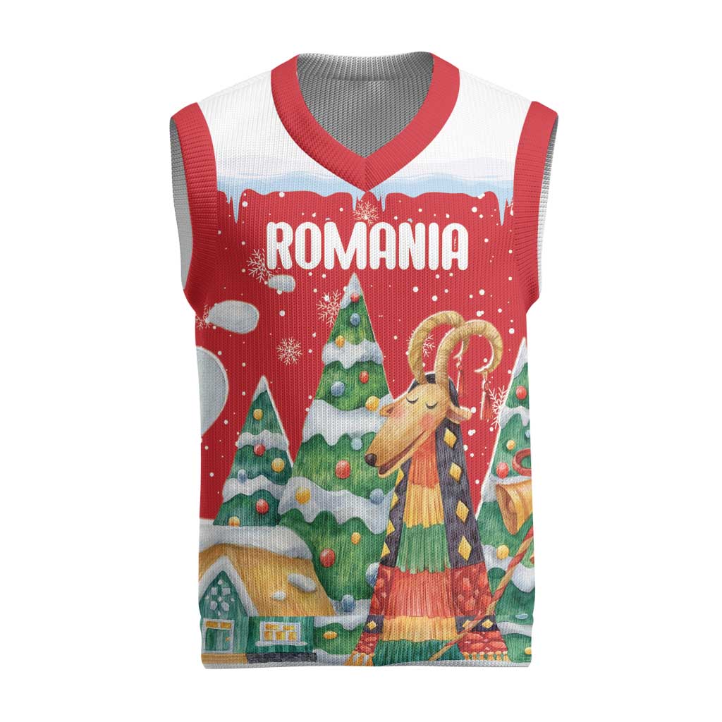 Romania Christmas Personalized Christmas Knitted V-Neck Vest Romanian Folklore Capra Goat - Wonder Print Shop