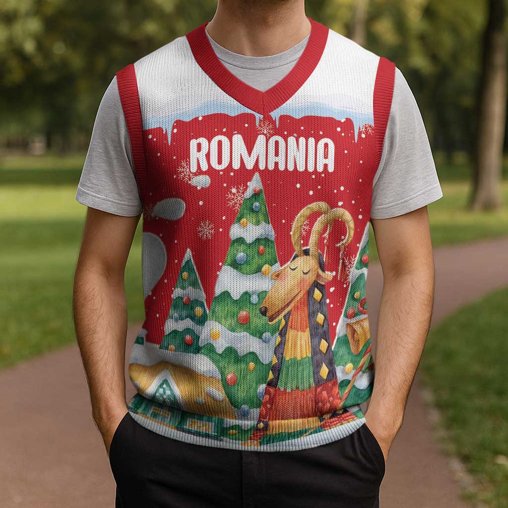 Romania Christmas Personalized Christmas Knitted V-Neck Vest Romanian Folklore Capra Goat - Wonder Print Shop
