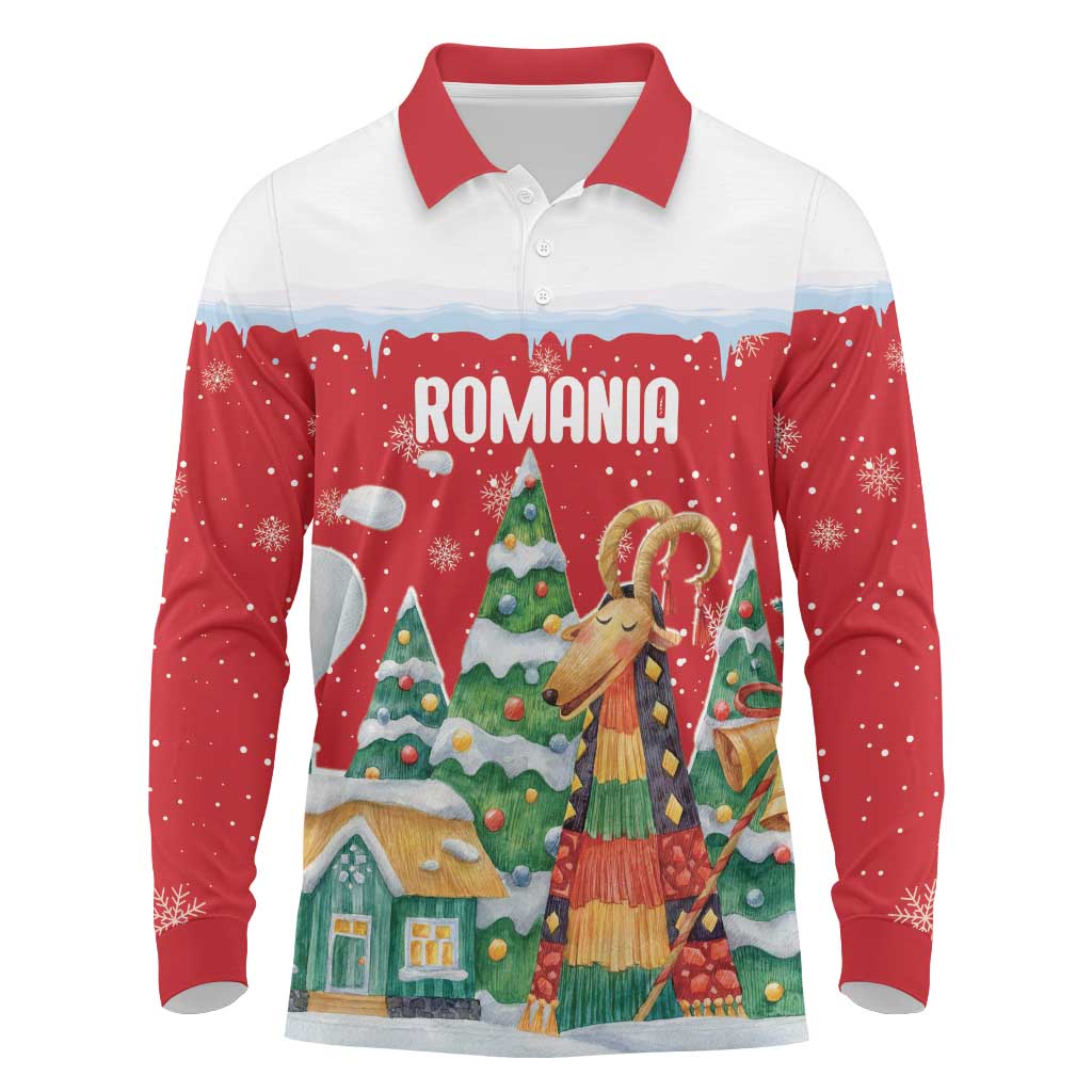 Romania Christmas Personalized Long Sleeve Polo Shirt Romanian Folklore Capra Goat - Wonder Print Shop