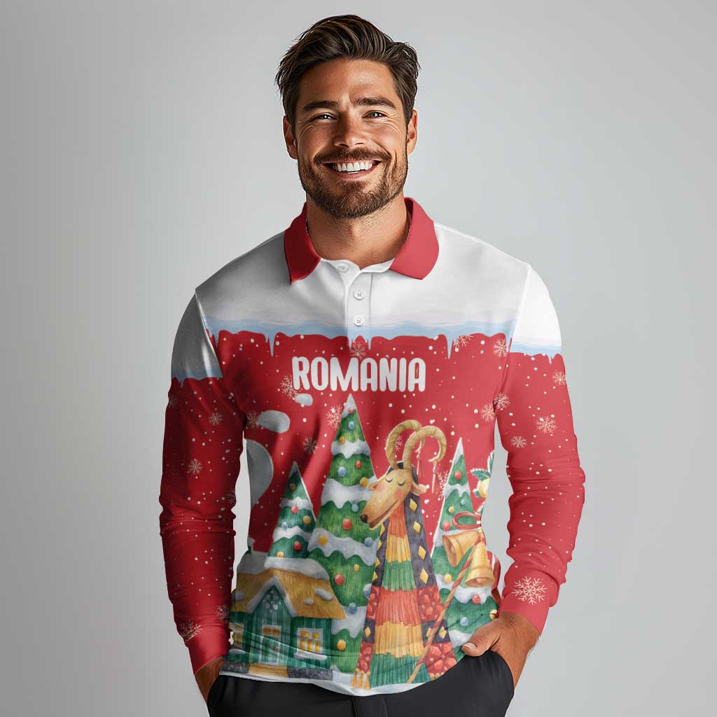 Romania Christmas Personalized Long Sleeve Polo Shirt Romanian Folklore Capra Goat - Wonder Print Shop
