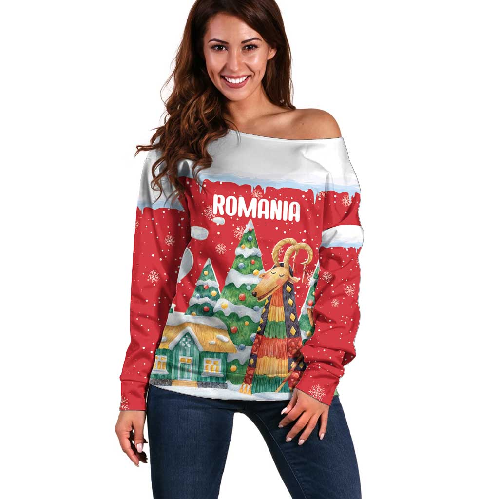 Romania Christmas Personalized Off Shoulder Sweater Romanian Folklore Capra Goat - Wonder Print Shop