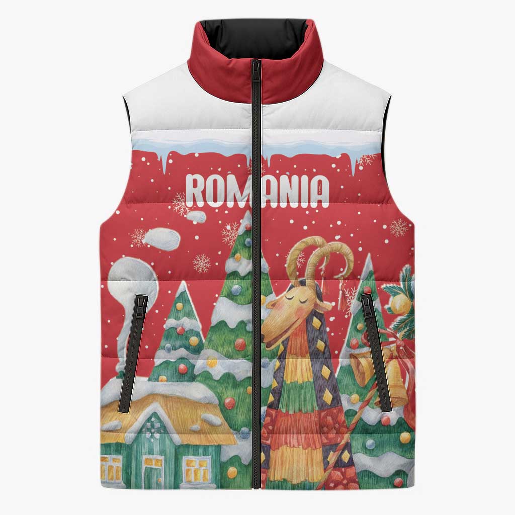 Romania Christmas Personalized Sleeveless Puffer Jacket Romanian Folklore Capra Goat - Wonder Print Shop