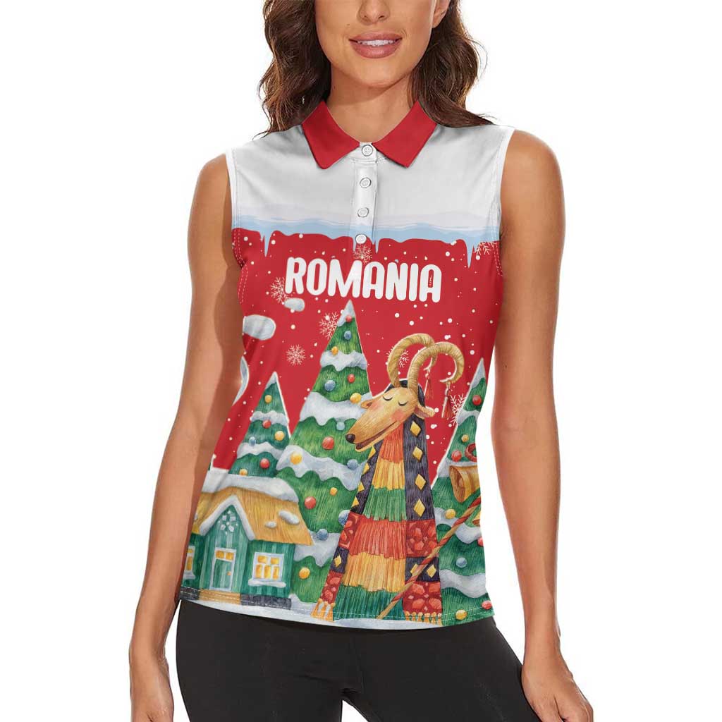Romania Christmas Personalized Women Sleeveless Polo Shirt Romanian Folklore Capra Goat - Wonder Print Shop