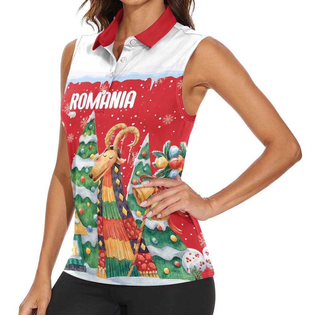 Romania Christmas Personalized Women Sleeveless Polo Shirt Romanian Folklore Capra Goat - Wonder Print Shop