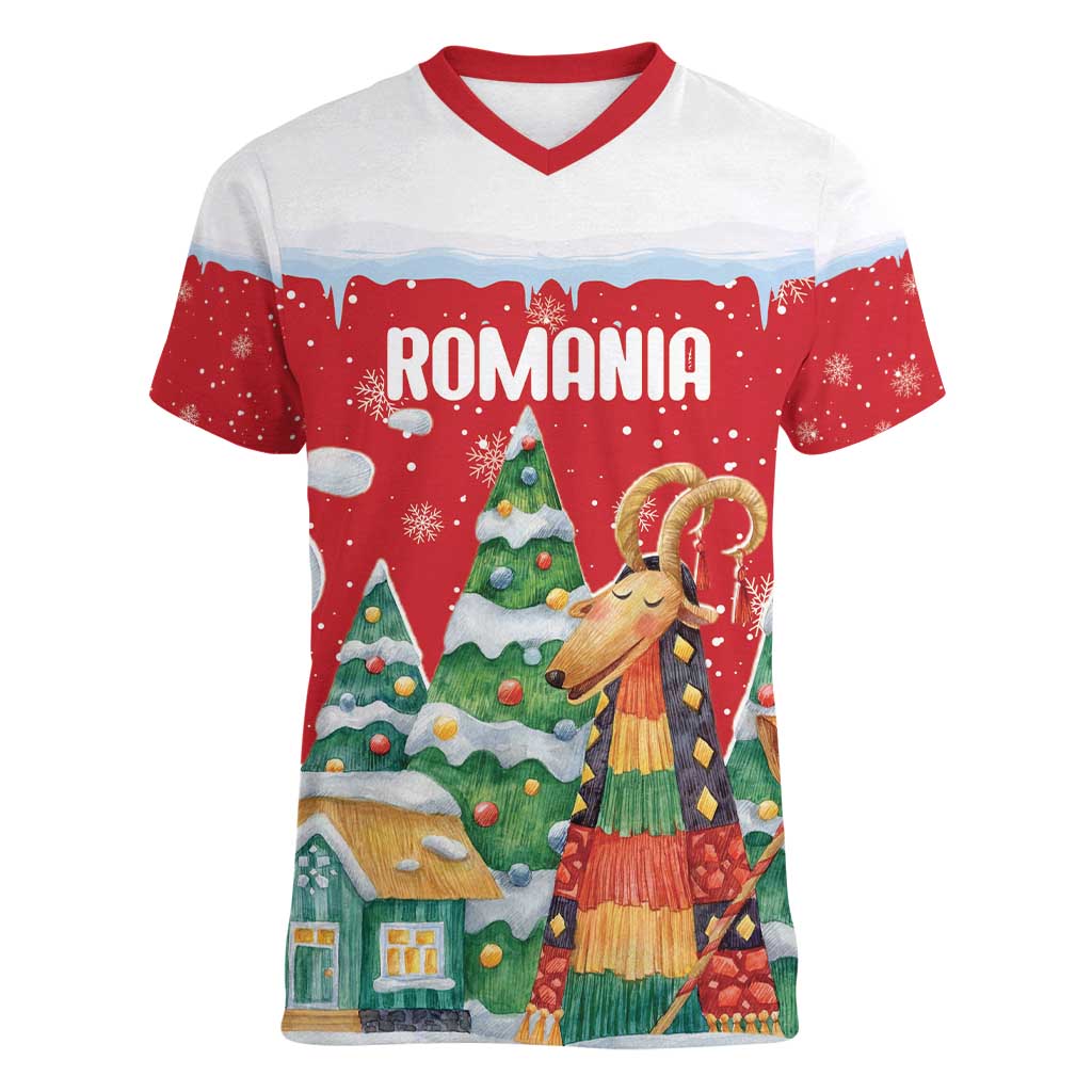 Romania Christmas Personalized Women V-Neck T-Shirt Romanian Folklore Capra Goat - Wonder Print Shop