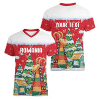 Romania Christmas Personalized Women V-Neck T-Shirt Romanian Folklore Capra Goat - Wonder Print Shop
