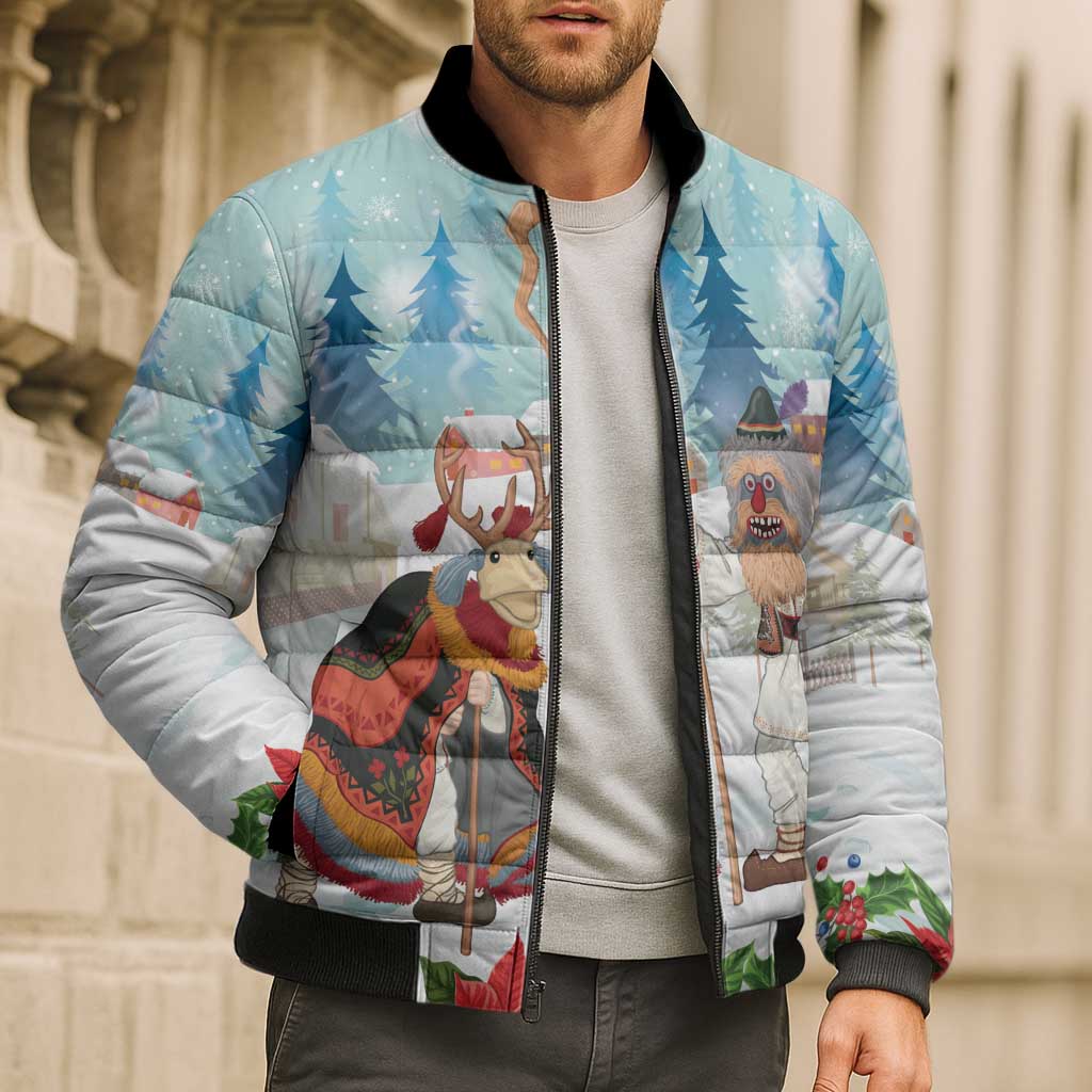 Romania Christmas Bomber Puffer Jacket Romanian Folklore Traditional Christmas Mask - Wonder Print Shop