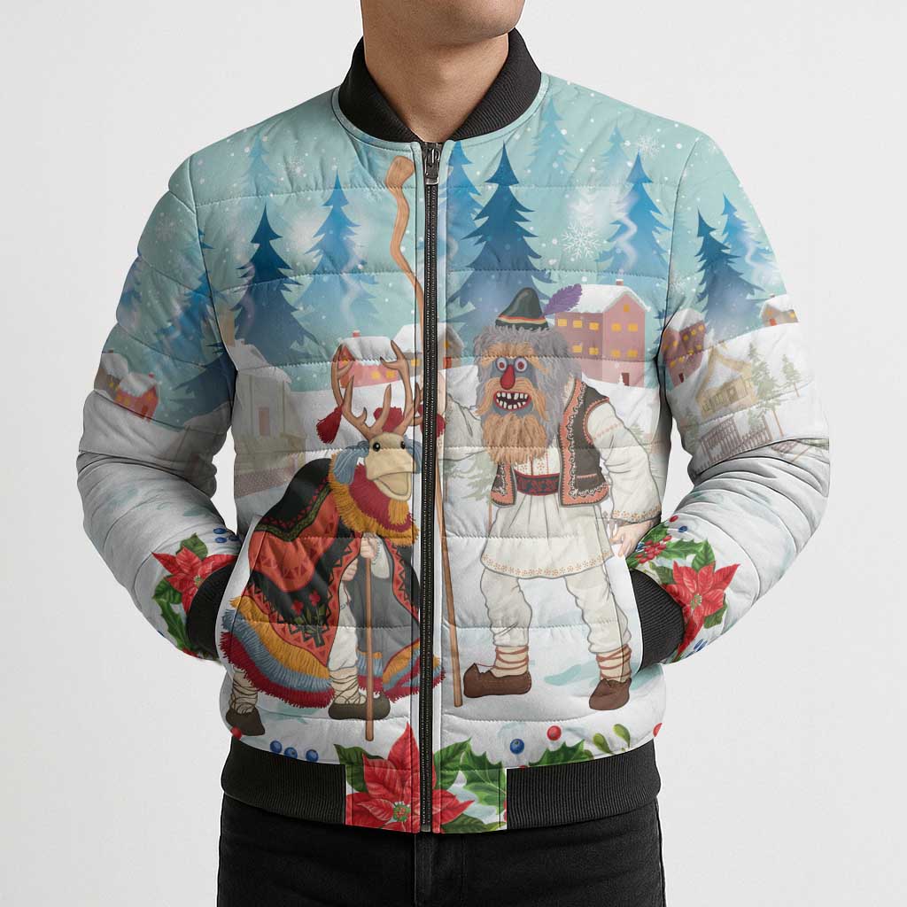 Romania Christmas Bomber Puffer Jacket Romanian Folklore Traditional Christmas Mask - Wonder Print Shop