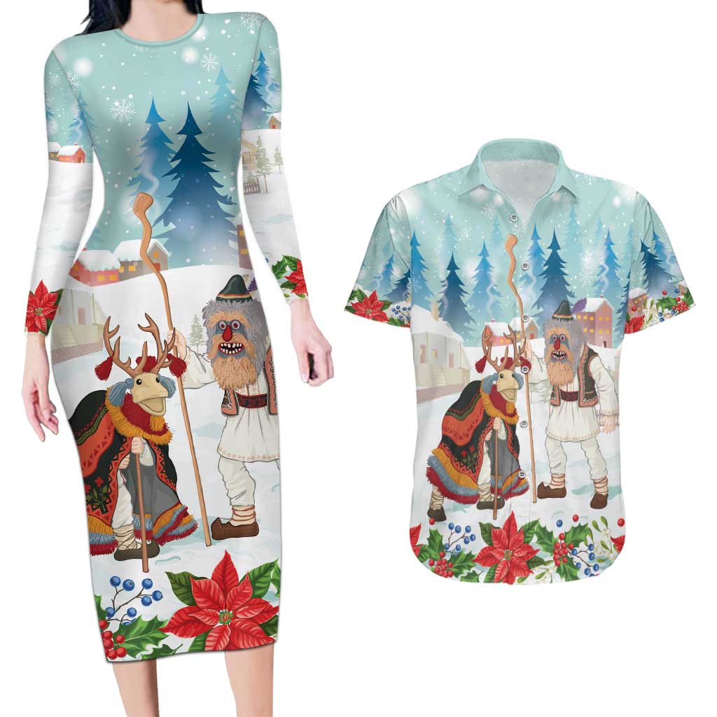 Romania Christmas Couples Matching Long Sleeve Bodycon Dress and Hawaiian Shirt Romanian Folklore Traditional Christmas Mask - Wonder Print Shop