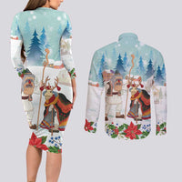 Romania Christmas Couples Matching Long Sleeve Bodycon Dress and Long Sleeve Button Shirt Romanian Folklore Traditional Christmas Mask - Wonder Print Shop