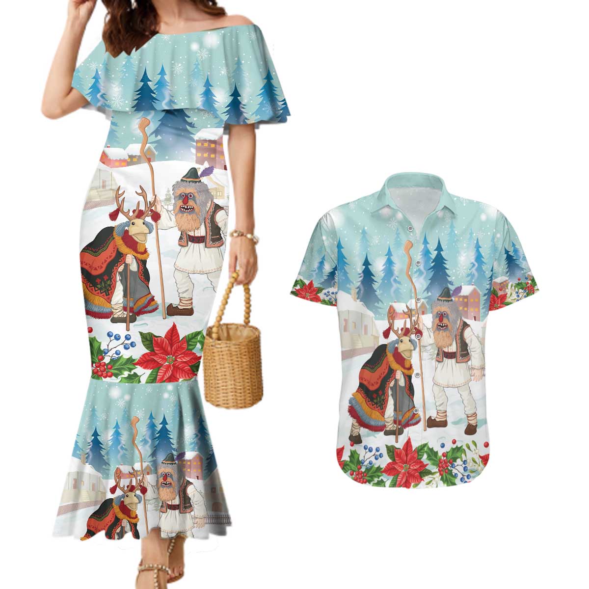 Romania Christmas Couples Matching Mermaid Dress and Hawaiian Shirt Romanian Folklore Traditional Christmas Mask - Wonder Print Shop