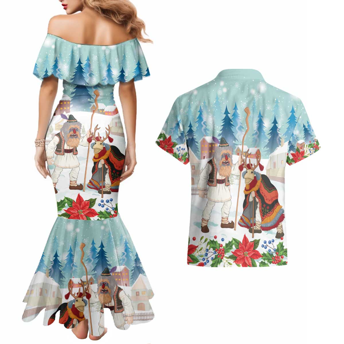 Romania Christmas Couples Matching Mermaid Dress and Hawaiian Shirt Romanian Folklore Traditional Christmas Mask - Wonder Print Shop