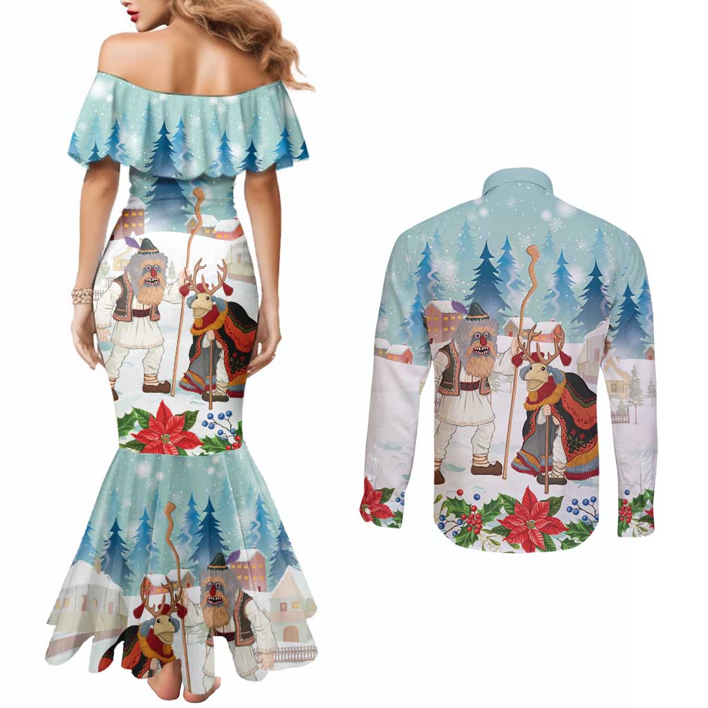 Romania Christmas Couples Matching Mermaid Dress and Long Sleeve Button Shirt Romanian Folklore Traditional Christmas Mask - Wonder Print Shop