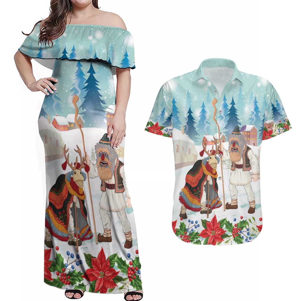 Romania Christmas Couples Matching Off Shoulder Maxi Dress and Hawaiian Shirt Romanian Folklore Traditional Christmas Mask - Wonder Print Shop
