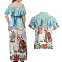 Romania Christmas Couples Matching Off Shoulder Maxi Dress and Hawaiian Shirt Romanian Folklore Traditional Christmas Mask - Wonder Print Shop