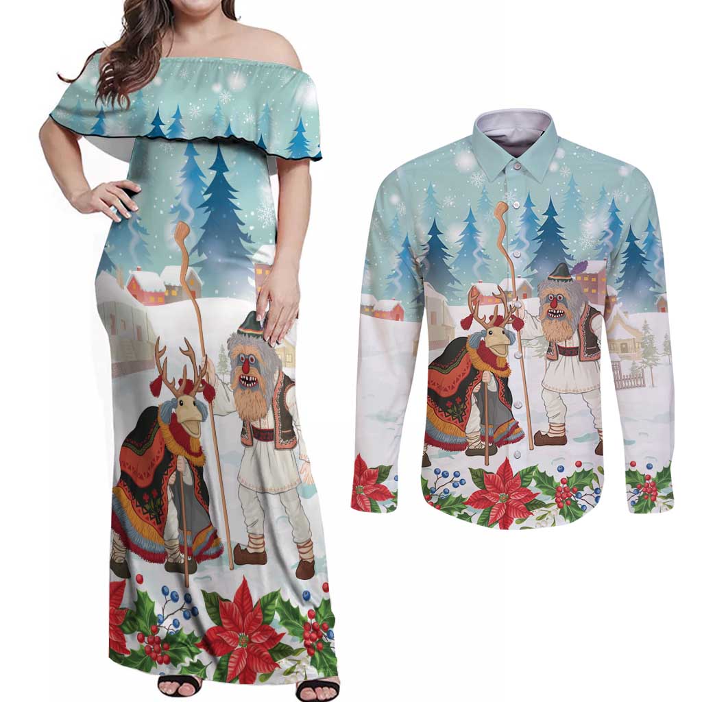 Romania Christmas Couples Matching Off Shoulder Maxi Dress and Long Sleeve Button Shirt Romanian Folklore Traditional Christmas Mask - Wonder Print Shop