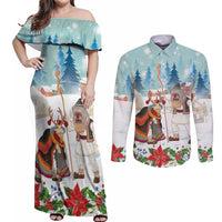 Romania Christmas Couples Matching Off Shoulder Maxi Dress and Long Sleeve Button Shirt Romanian Folklore Traditional Christmas Mask - Wonder Print Shop