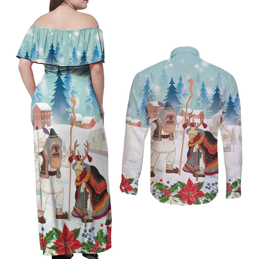 Romania Christmas Couples Matching Off Shoulder Maxi Dress and Long Sleeve Button Shirt Romanian Folklore Traditional Christmas Mask - Wonder Print Shop