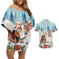 Romania Christmas Couples Matching Off Shoulder Short Dress and Hawaiian Shirt Romanian Folklore Traditional Christmas Mask - Wonder Print Shop